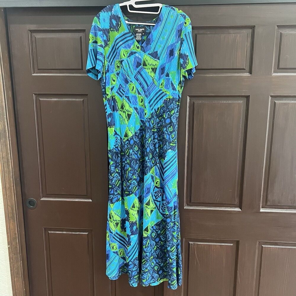 Saint Tropez West Dresses VTG Maxi Dress Rayon Blue Green Batik Short Sleeve 14